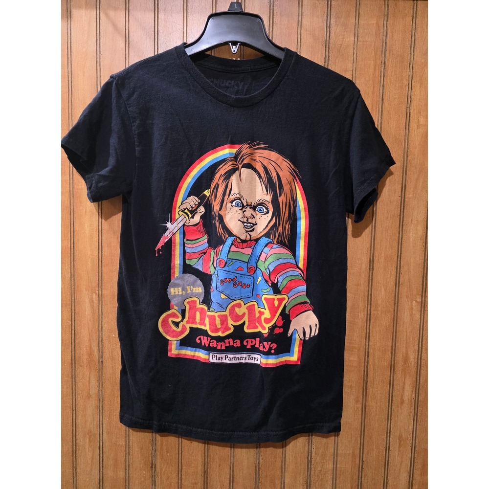 Chucky Wanna Play‎ T-Shirt Women Sz S Black Short Sleeve Horror Movie Tee